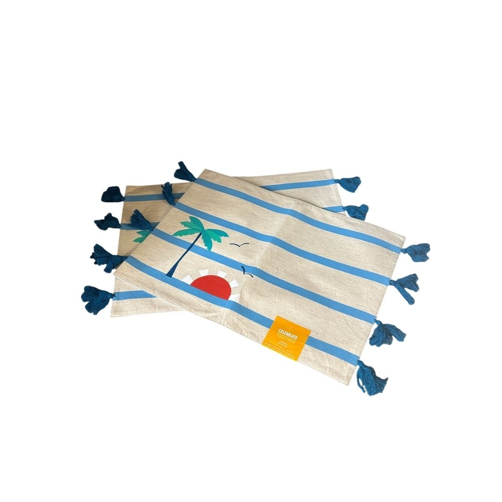 Celebrate Summer Blue-Striped Beach Palm Tree Dinner Placemats  Accent GIFT NEW